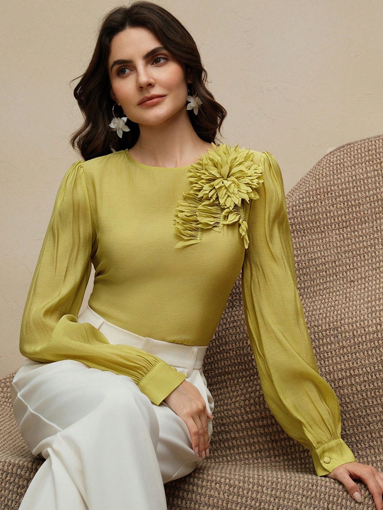 Floral Applique Puff Sleeve Chiffon Blouse