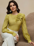 Floral Applique Puff Sleeve Chiffon Blouse