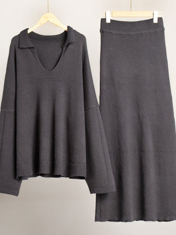 Cozy Collared Knit Sweater Skirt Set