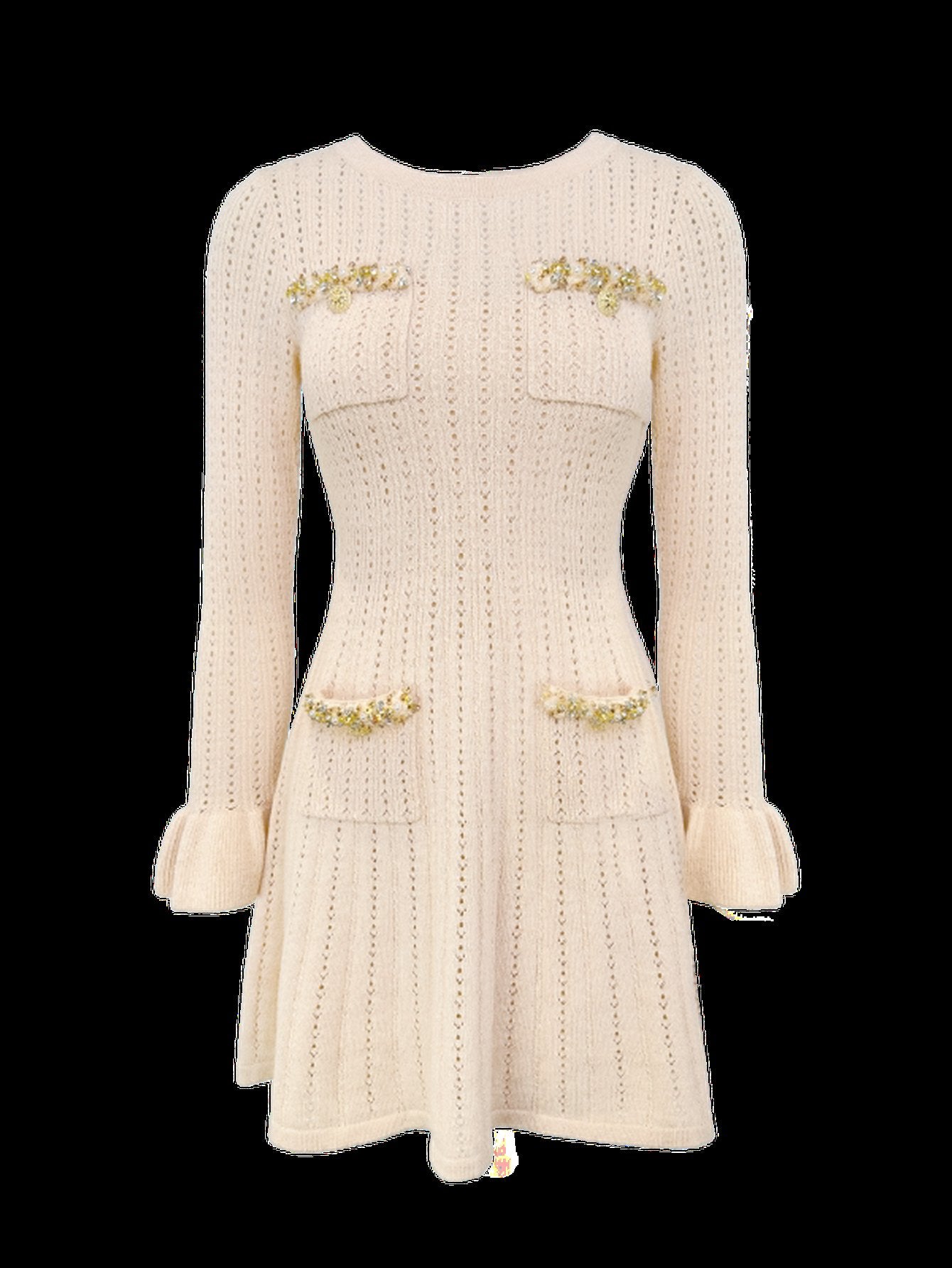 Embellished Knit Long Sleeve Mini Dress