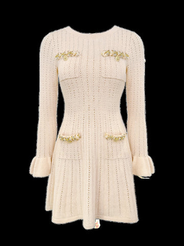 Embellished Knit Long Sleeve Mini Dress