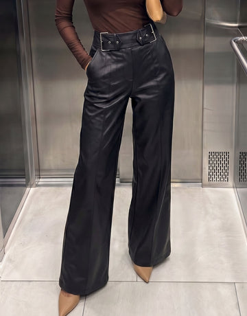 High Waisted Belted Faux Leather Pants
