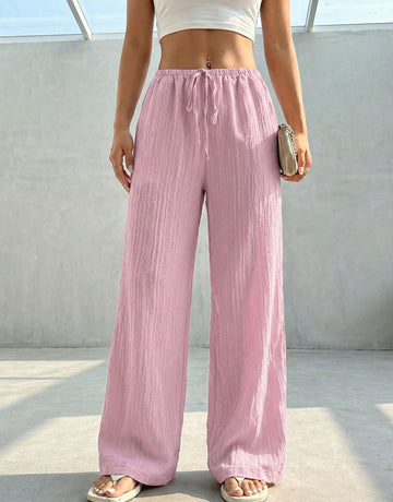 Pleated Drawstring Wide-Leg Pants-Multicolor