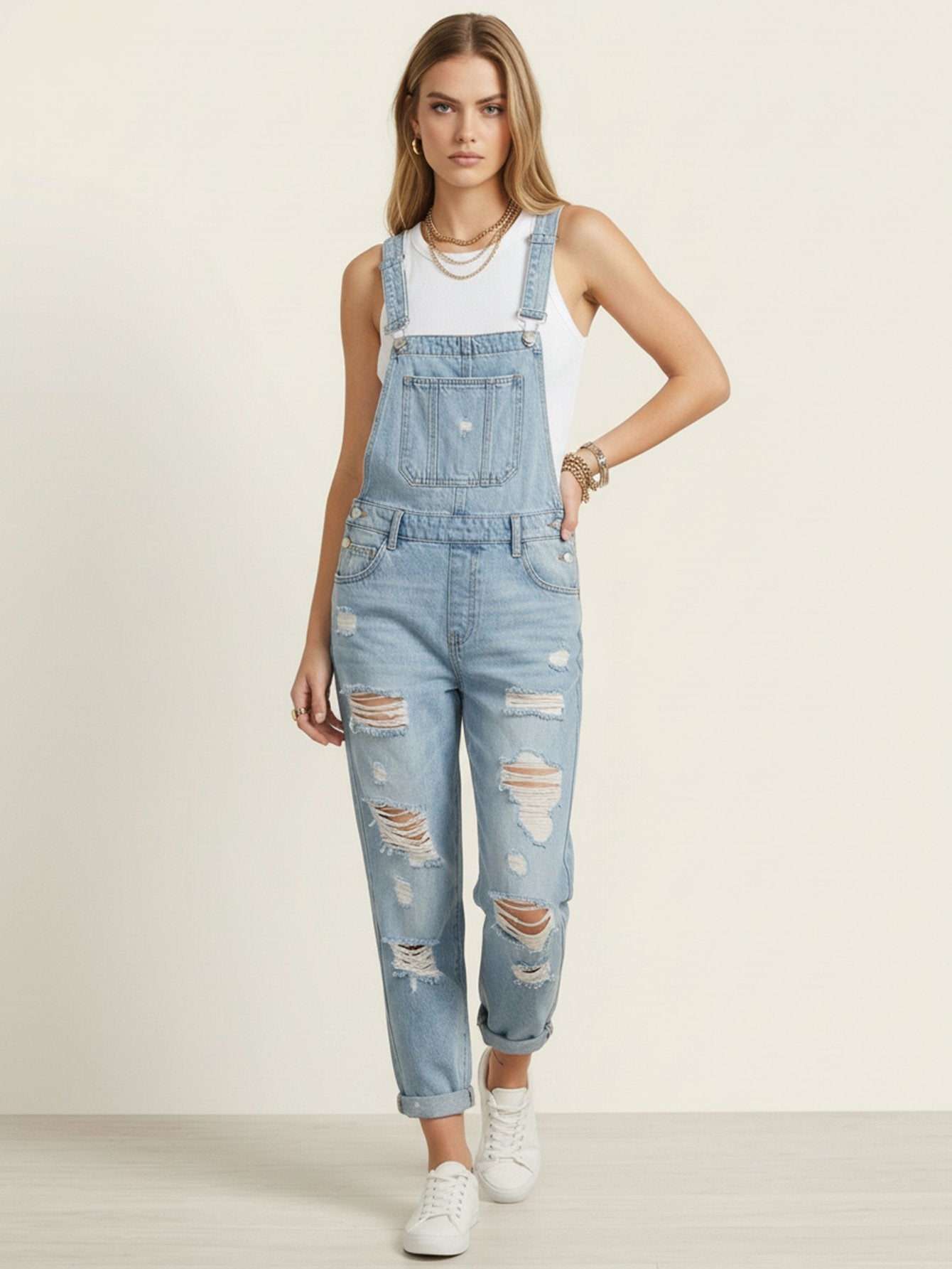 Non Stretch Denim Harem Overalls