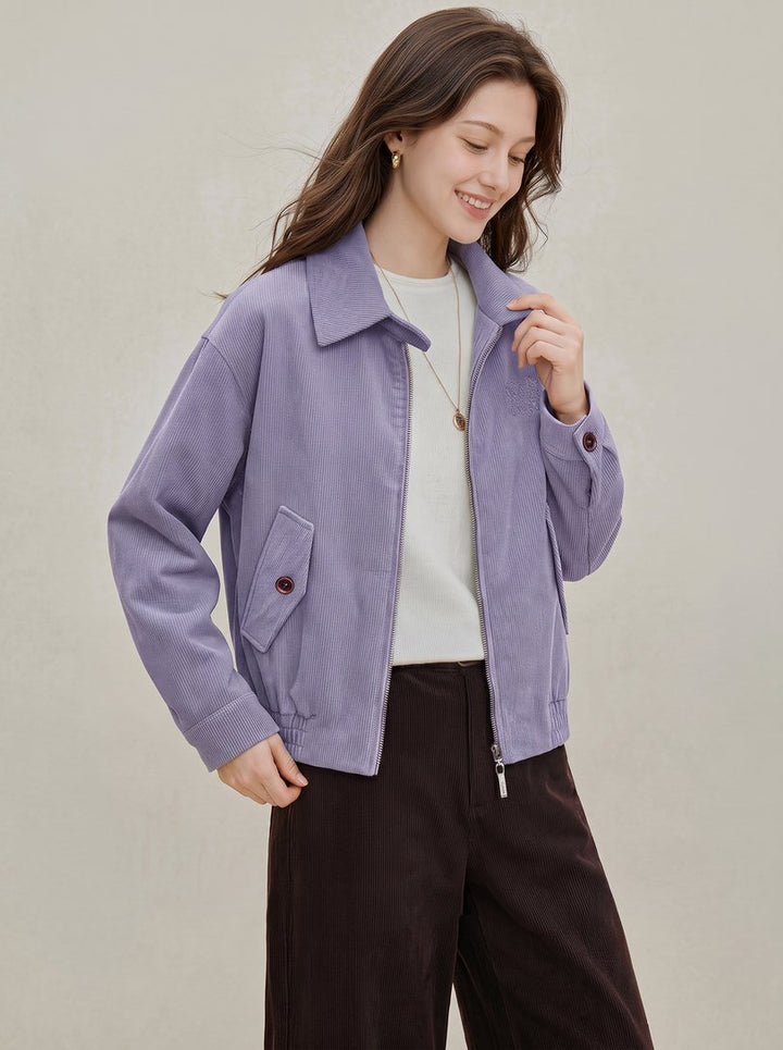 Embroidered Corduroy Casual Bomber Jacket