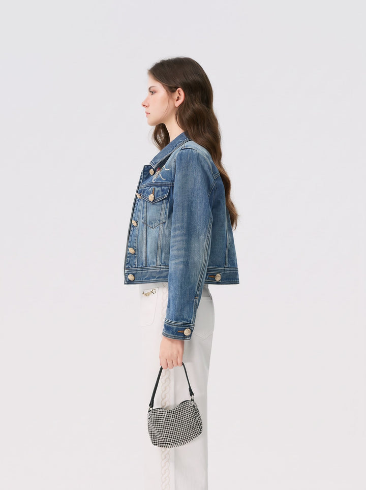 Embroidered Floral Gold Button Denim Jacket