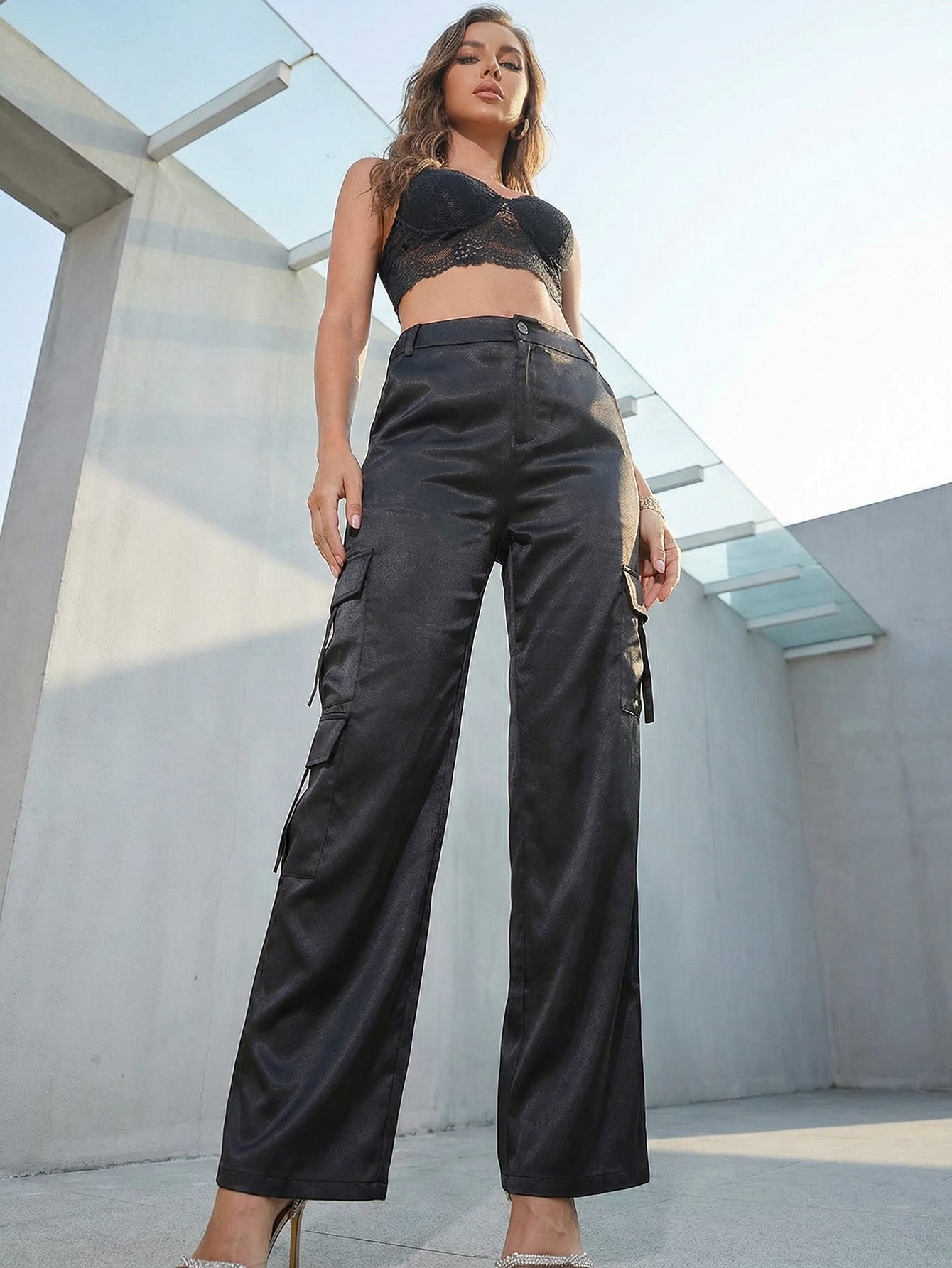 Silky-Sheen Utility Pocket Straight-Leg Pants-Black