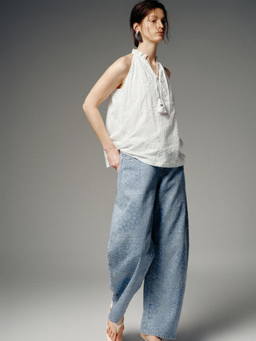 Urban Revivo Floral Embroidered Tie Neck Sleeveless Overhead Shirt