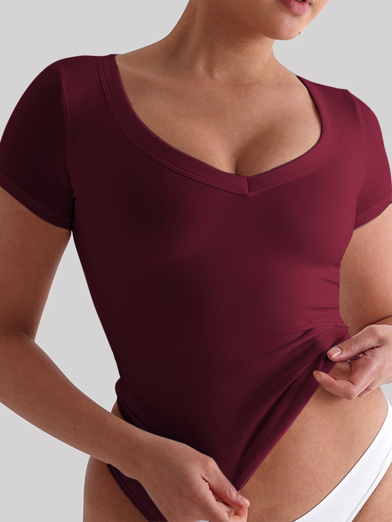 V Neck Short Sleeve Plain Fitted Essential T-Shirt-Brown