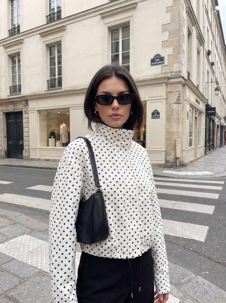 Polka Dot Cropped Stand Collar Jacket