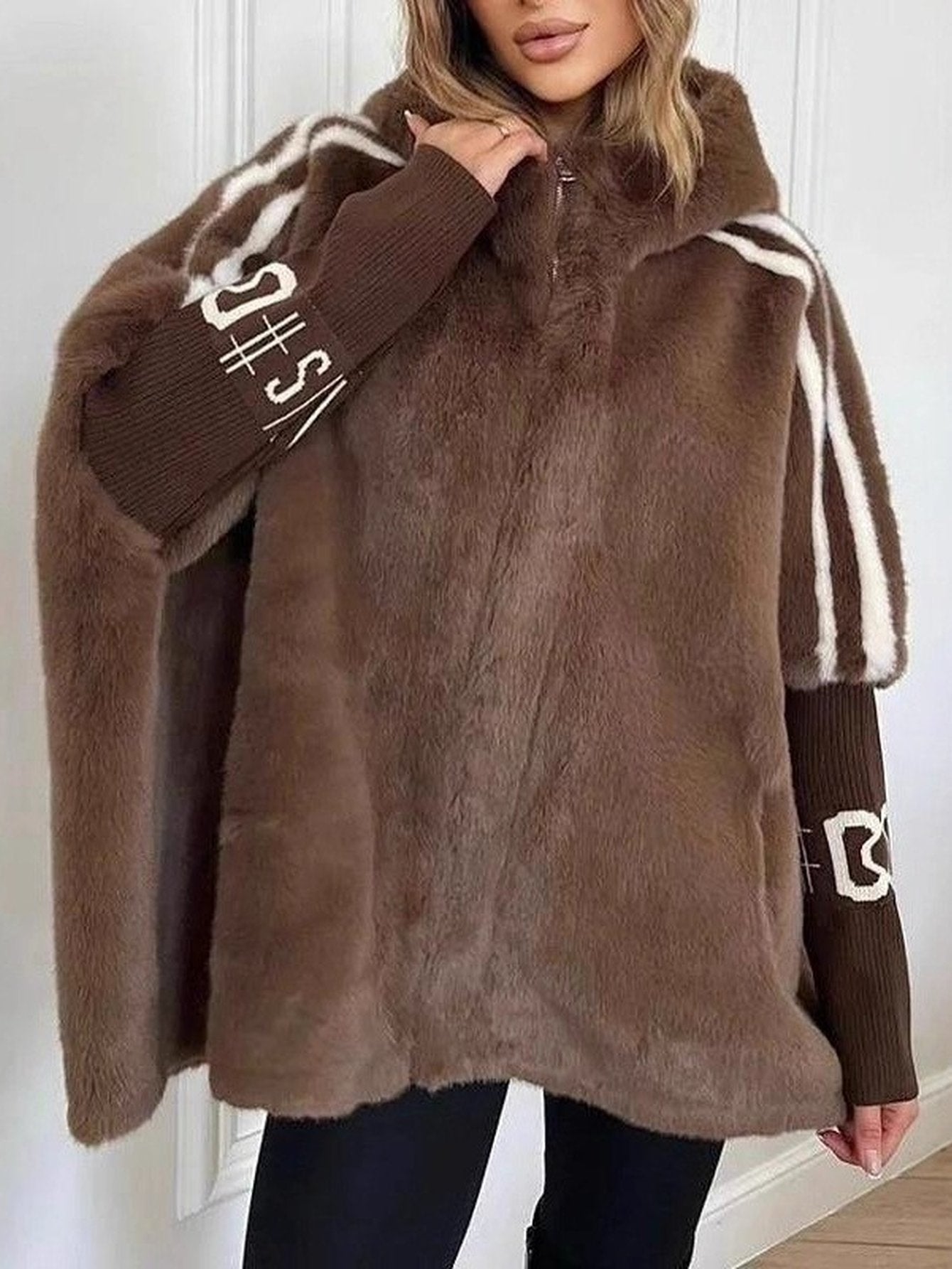 Cozy Hooded Faux Fur Cape Jacket