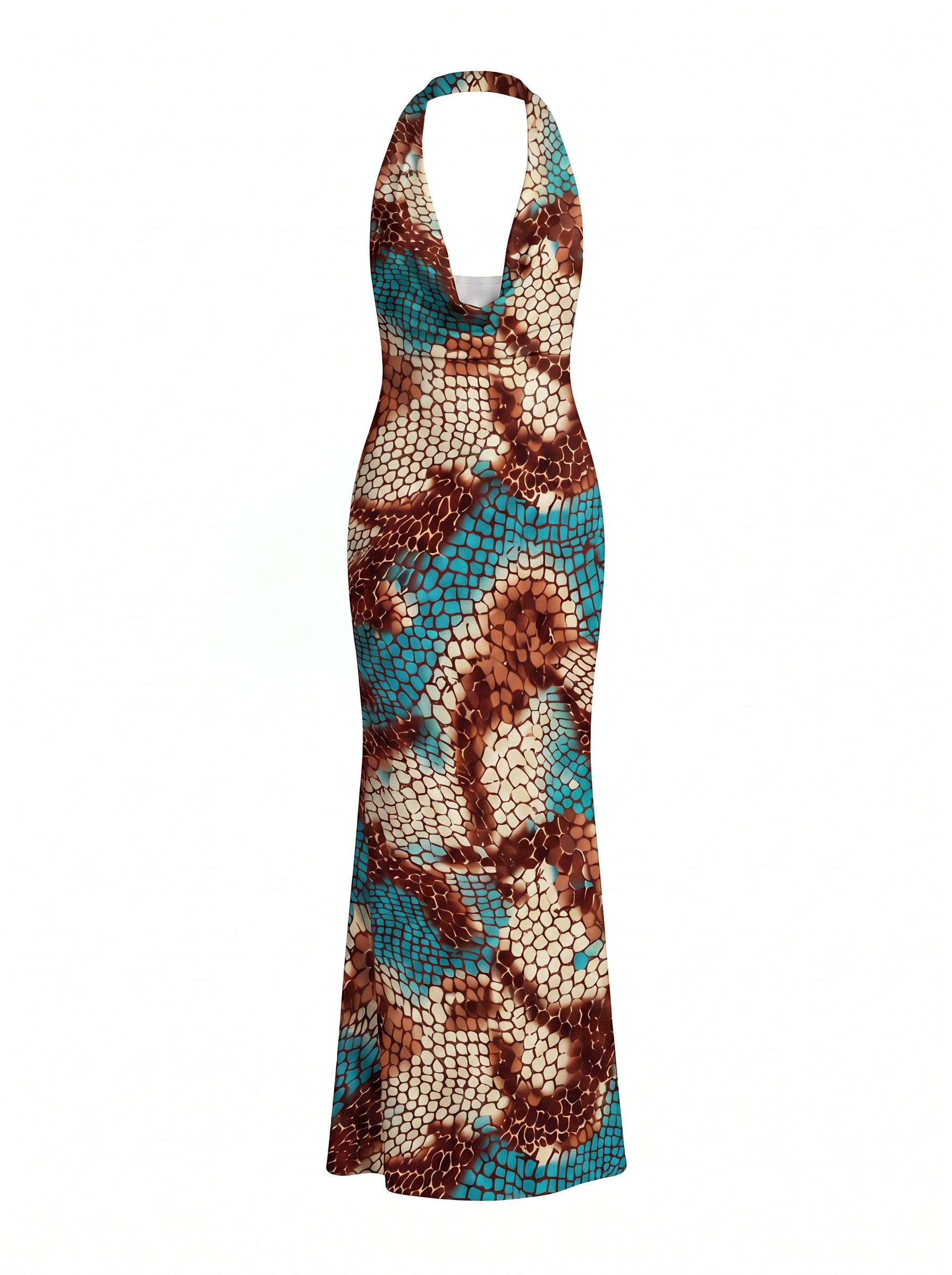 LILA Turquoise Snakeskin Print Cowl Neck Bodycon Maxi Dress
