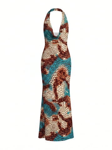 LILA Turquoise Snakeskin Print Cowl Neck Bodycon Maxi Dress
