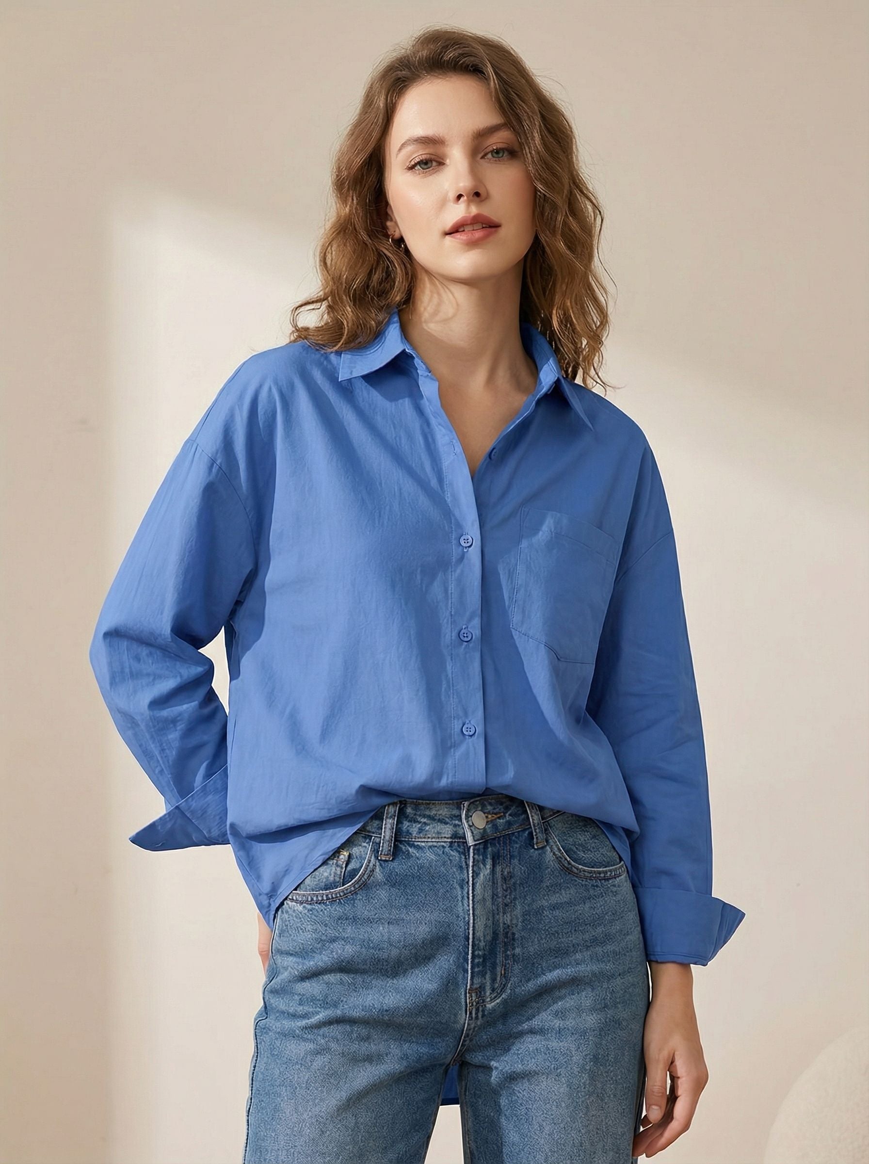 Classic Collar Long Sleeve Chest Pocket Classic Shirt-Blue