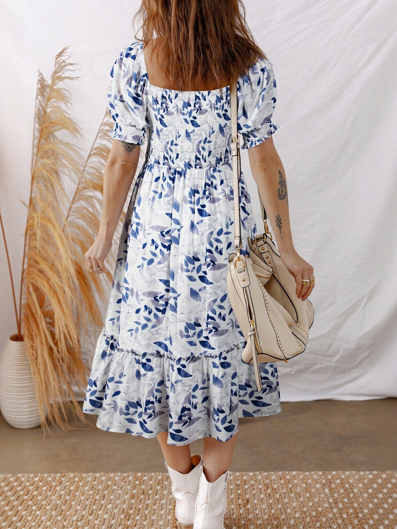 Floral Smocked Puff Sleeve Midi Dress