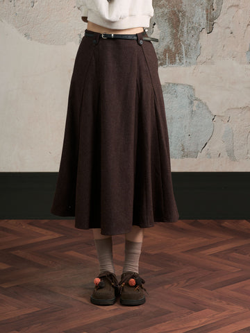 High Waisted Pleated Wool Midi Skirt