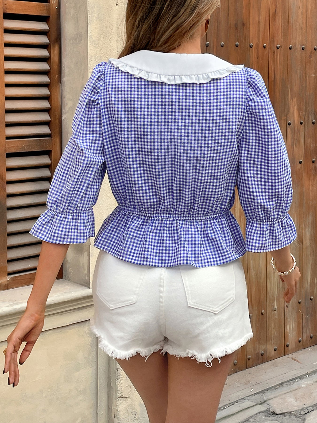 Gingham Tie-Neck Peasant Blouse