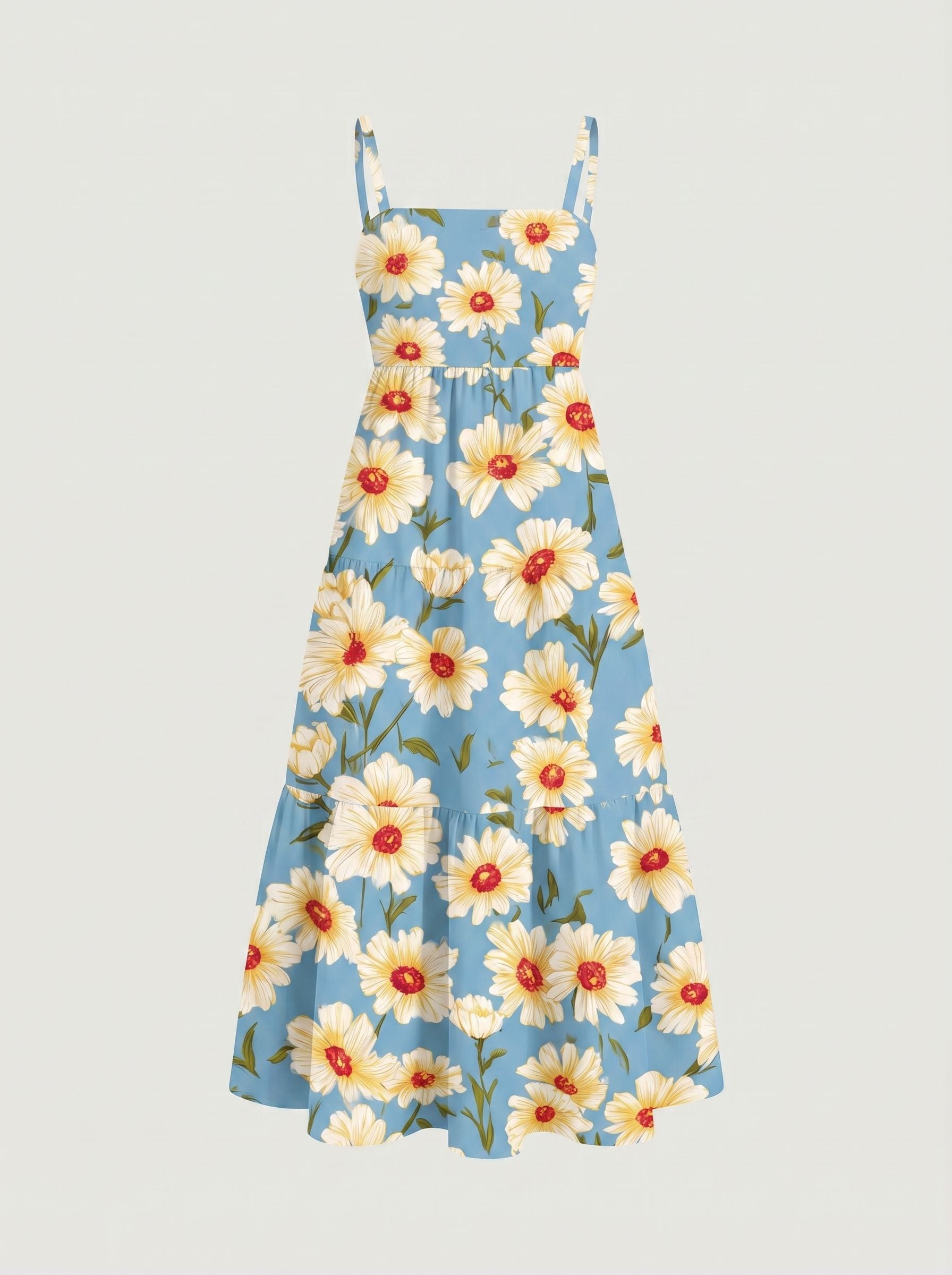 FLORA Floral Print Tiered Strap Midi Dress