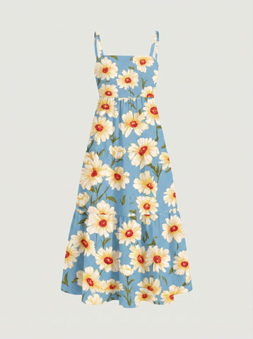 FLORA Floral Print Tiered Strap Midi Dress