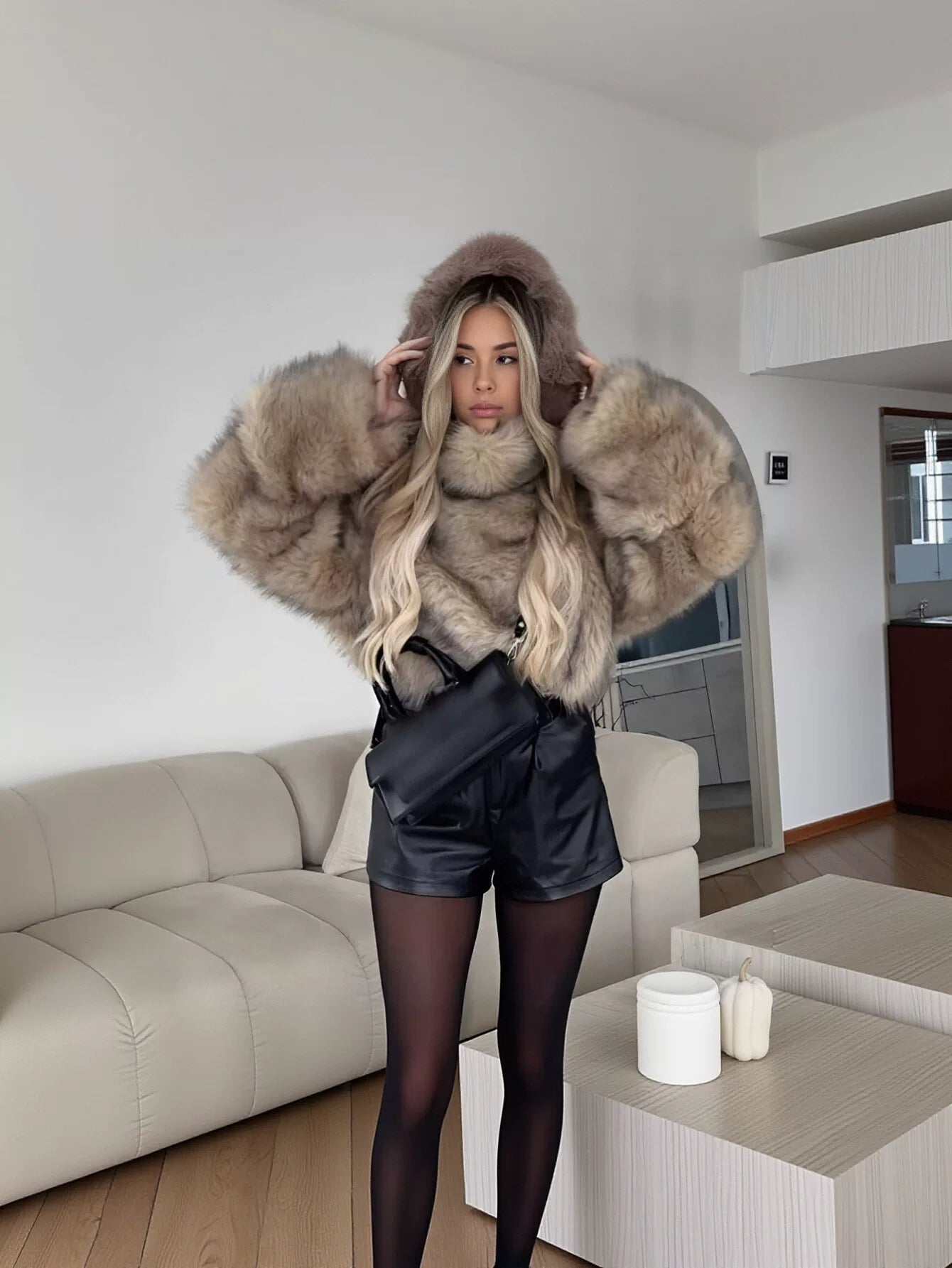 Cozy Plush High Neck Faux Fur Coat