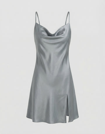 Satin Cowl-Neck High-Slit Sexy Nightgown
