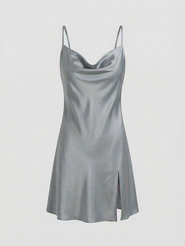 Satin Cowl-Neck High-Slit Sexy Nightgown