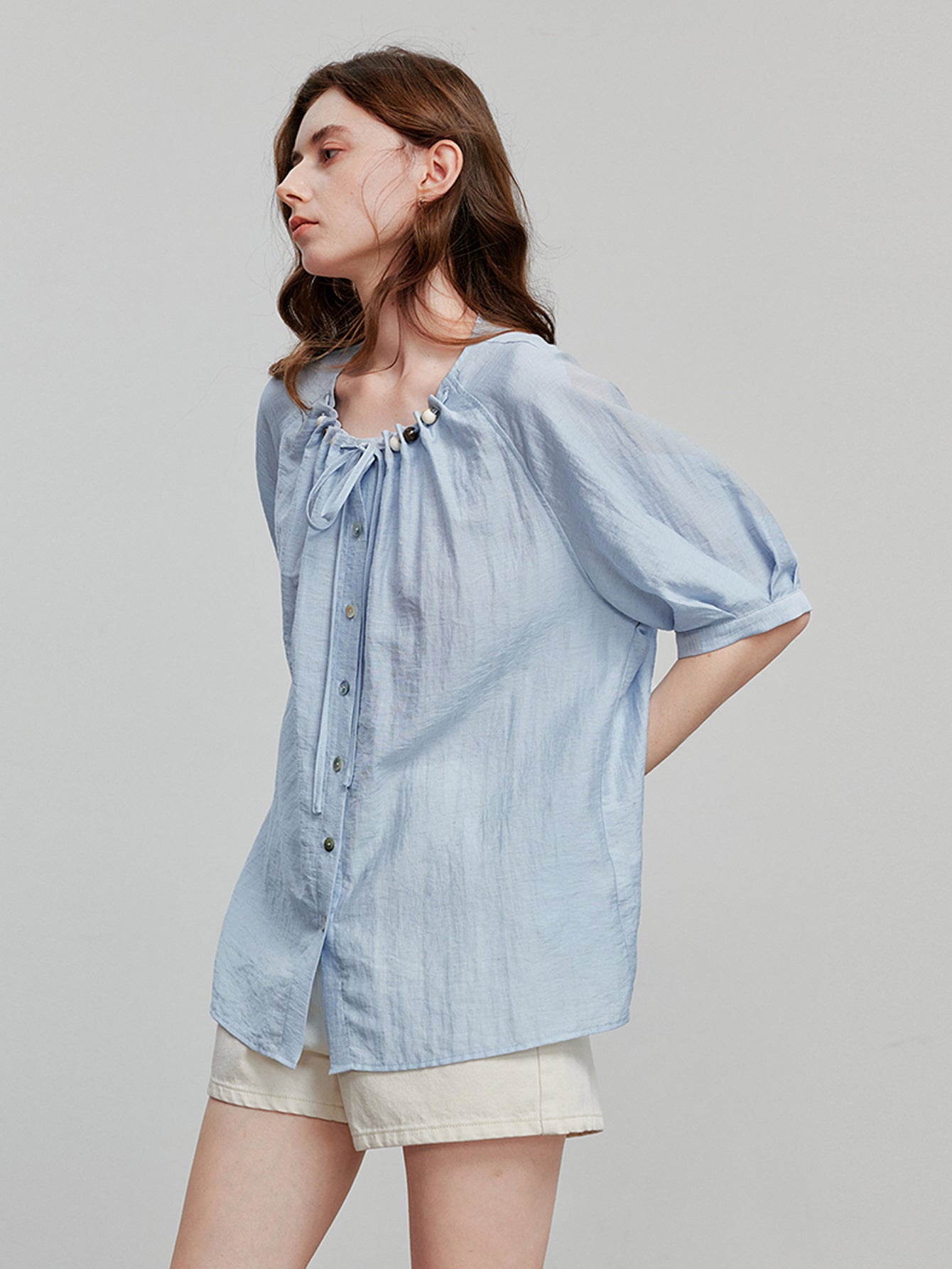 TOYOUTH Linen Blend Tie-Neck Relaxed Blouse