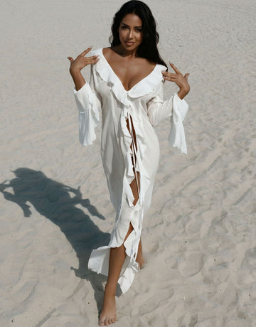 Ruffled Plunge Maxi Beach Coverup