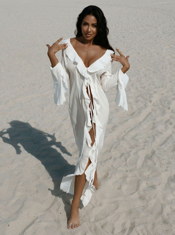 Ruffled Plunge Maxi Beach Coverup