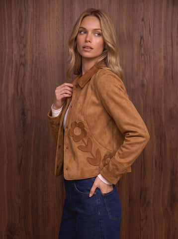 Embroidered Suede Button Up Jacket