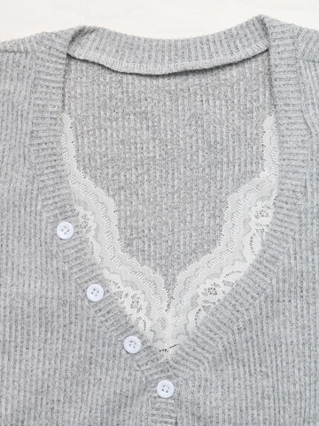 Lace Trim Ribbed Henley Tee
