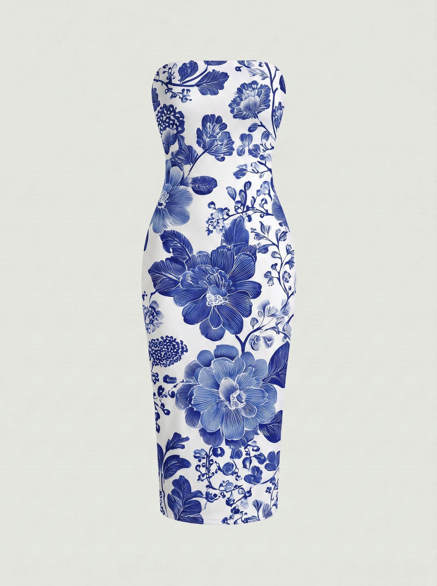 MAIA Blue Porcelain Floral Print Strapless Sheath Midi Dress