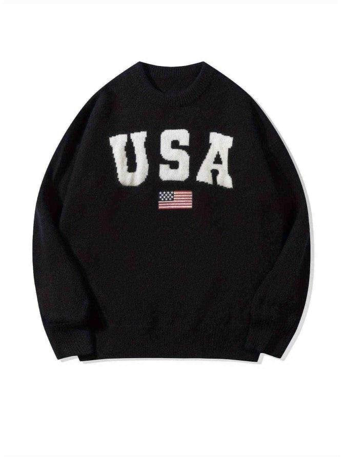 Oversized USA Graphic Knit Pullover Sweater