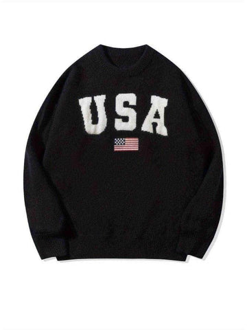 Oversized USA Graphic Knit Pullover Sweater