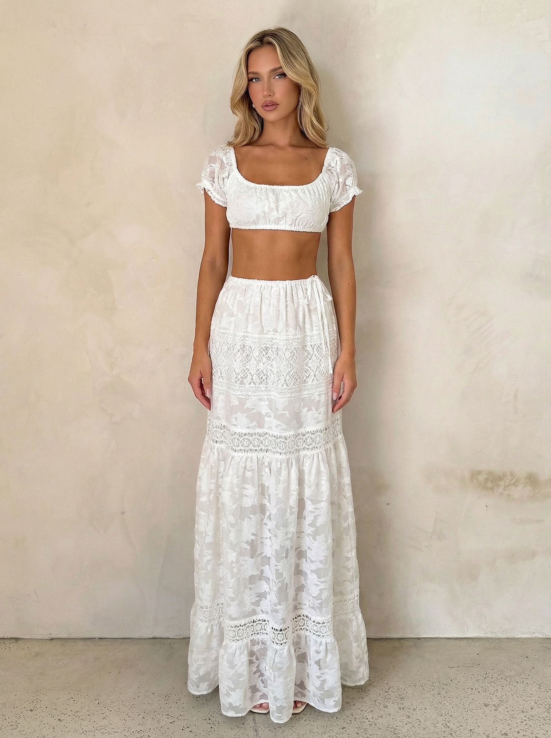 Short Sleeve Cropped Top Lace Maxi Skirt Eleant Set-White