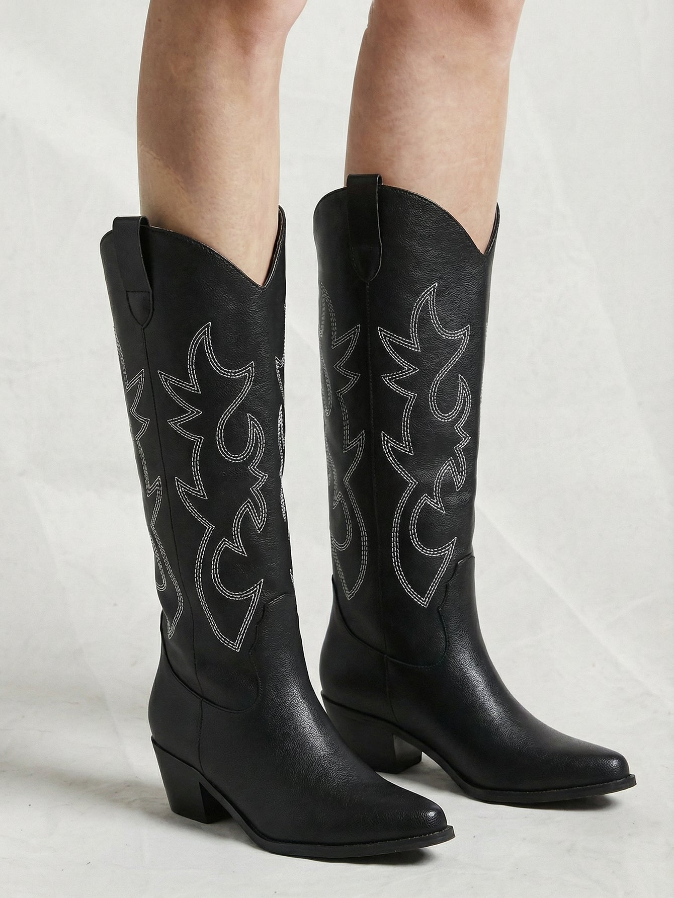 Pointed Toe Embroidered Knee-High Western Boots in White
