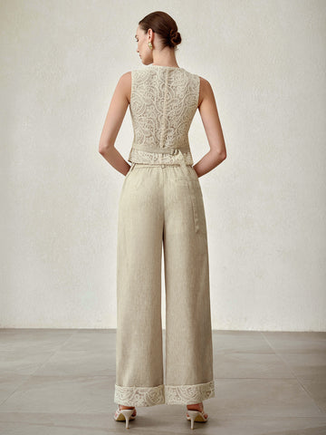 Elegant Lace Vest Wide Leg Pants Set