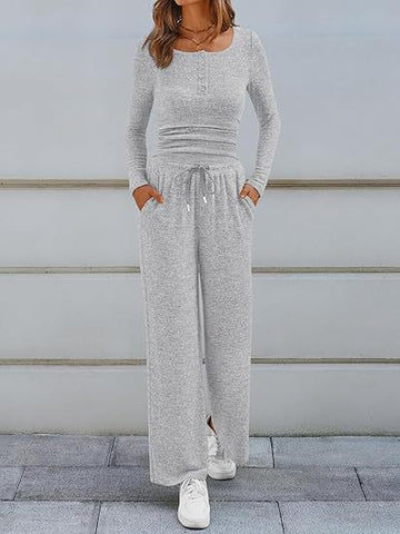 Cozy Button Henley Wide Leg Set