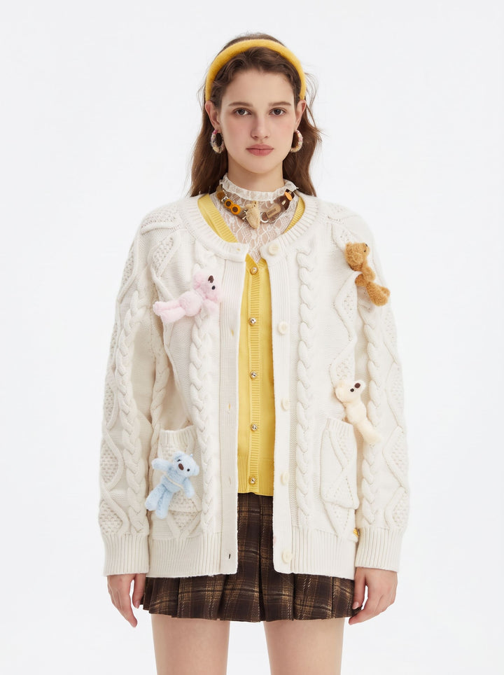 Cute Bear Applique Cable Knit Cardigan