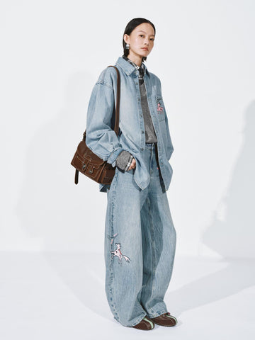 Urban Revivo Embroidered Patch Pocket Denim Shirts-Sky Blue