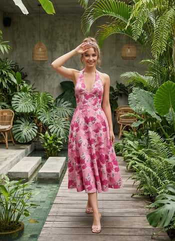 Floral Print Halter Neck Tie Back Midi Dress