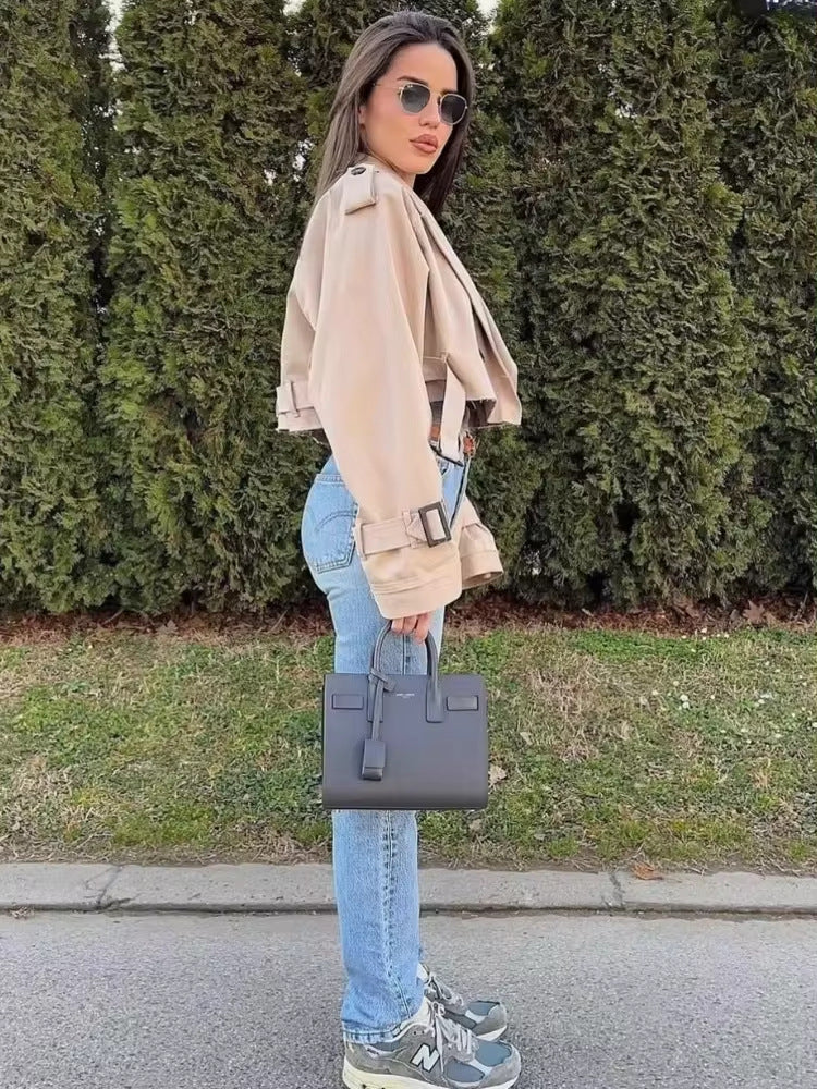 Cropped Belted Military Trench Jacket