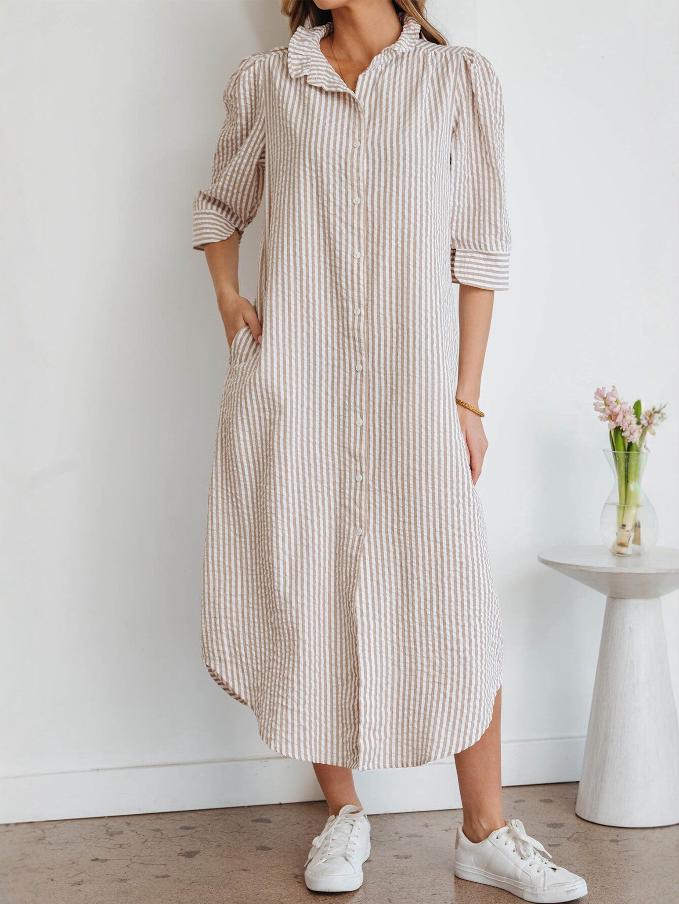 Striped Puff Sleeve Midi Dress