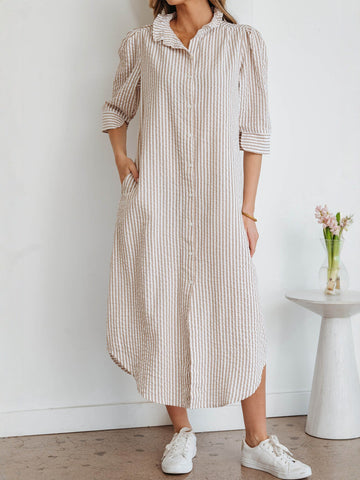Striped Puff Sleeve Midi Dress