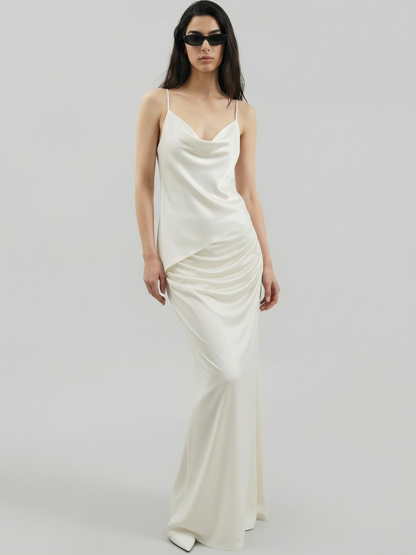 SAÏA Cowl Neckline Asymmetric-Hem Elegant Tank-White