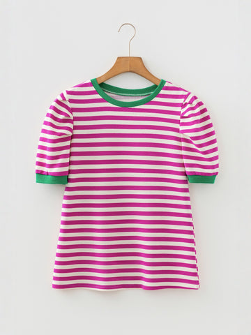 Striped Pattern Puff Sleeve T-Shirt