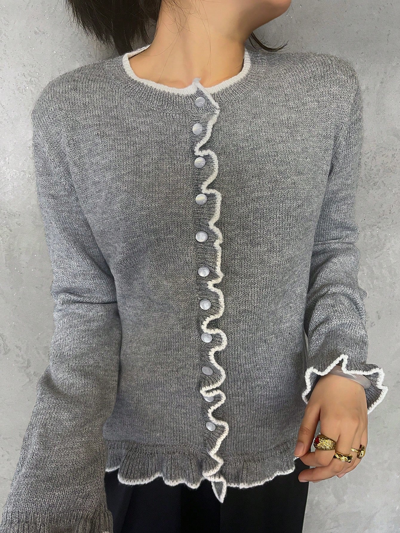 Cozy Lettuce Trim Button Cardigan