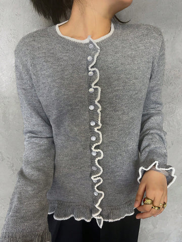 Cozy Lettuce Trim Button Cardigan