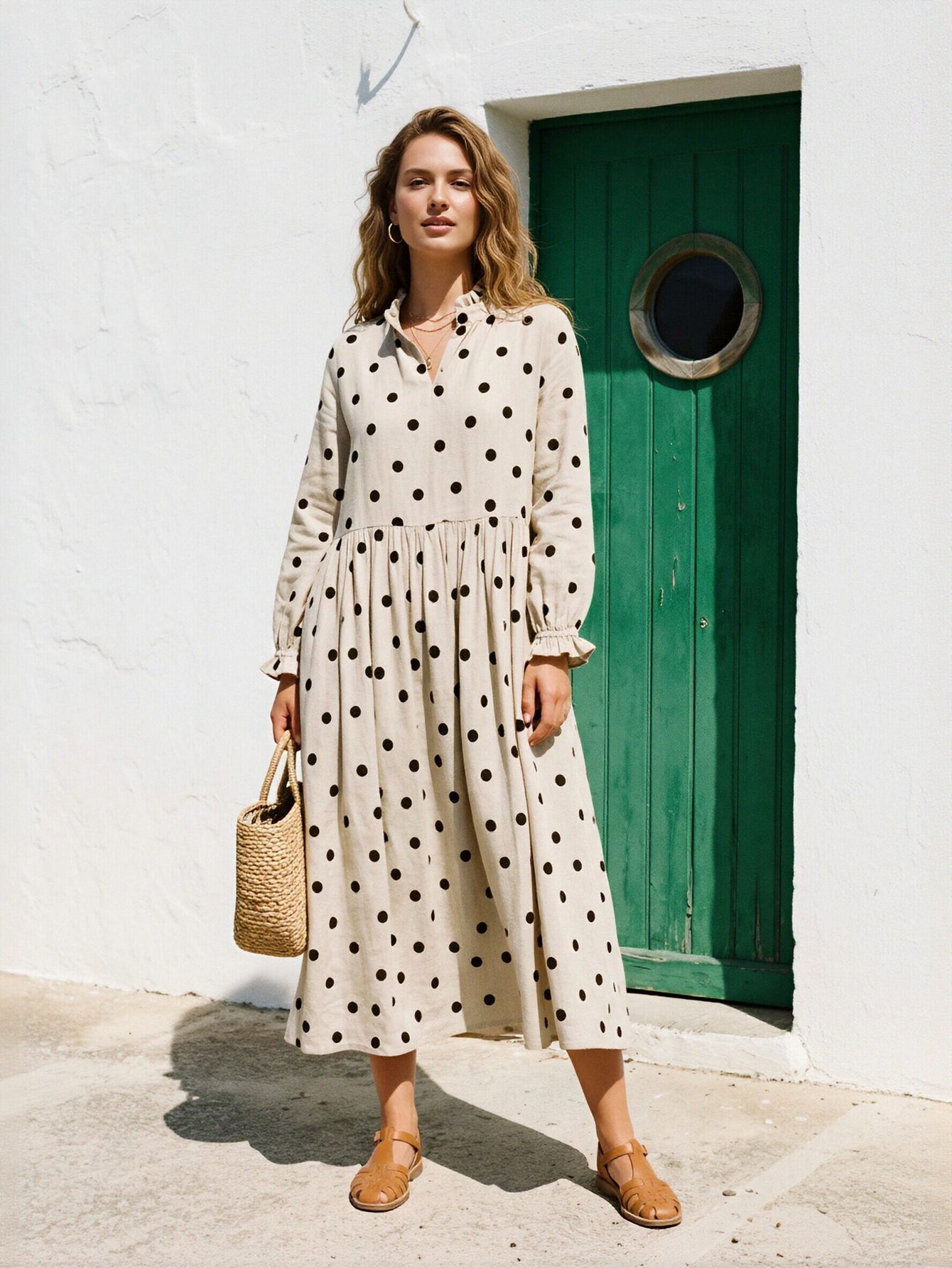 Casual Polka Dot Linen Midi Dress