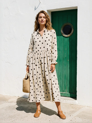 Casual Polka Dot Linen Midi Dress